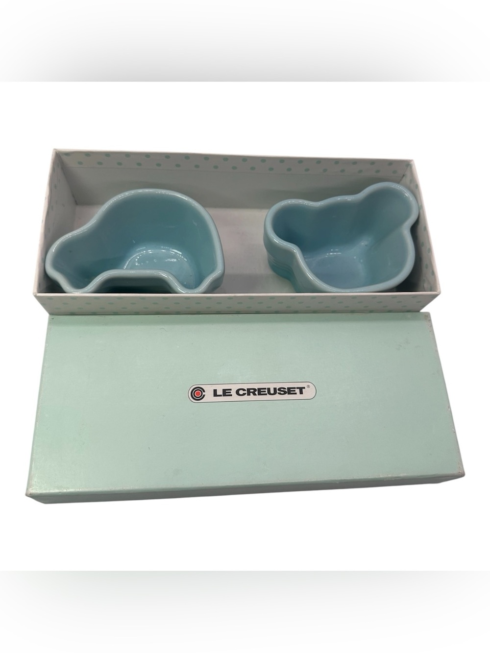 Le Creuset Baby Twin ramekins Coastal Blue Set Bear & car